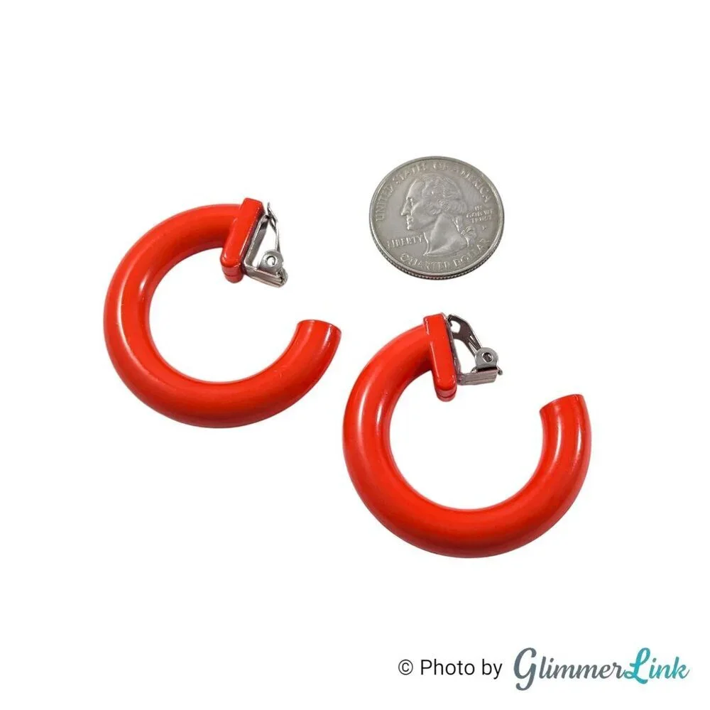 Vintage Orange Red Plastic Hoop Clip On Earrings